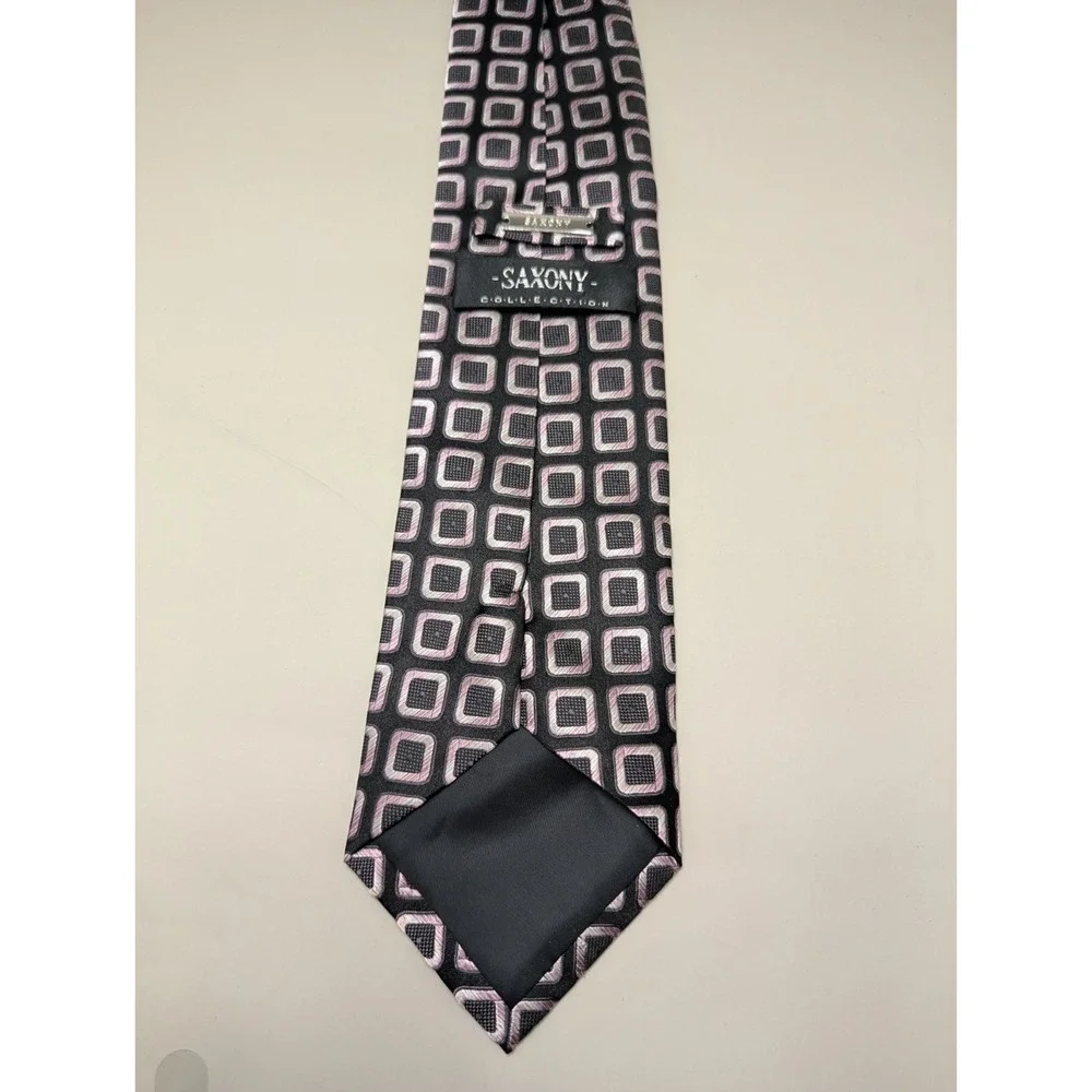 Saxony Collection Men's 100% Silk Tie Black Pink Geometric Square Necktie